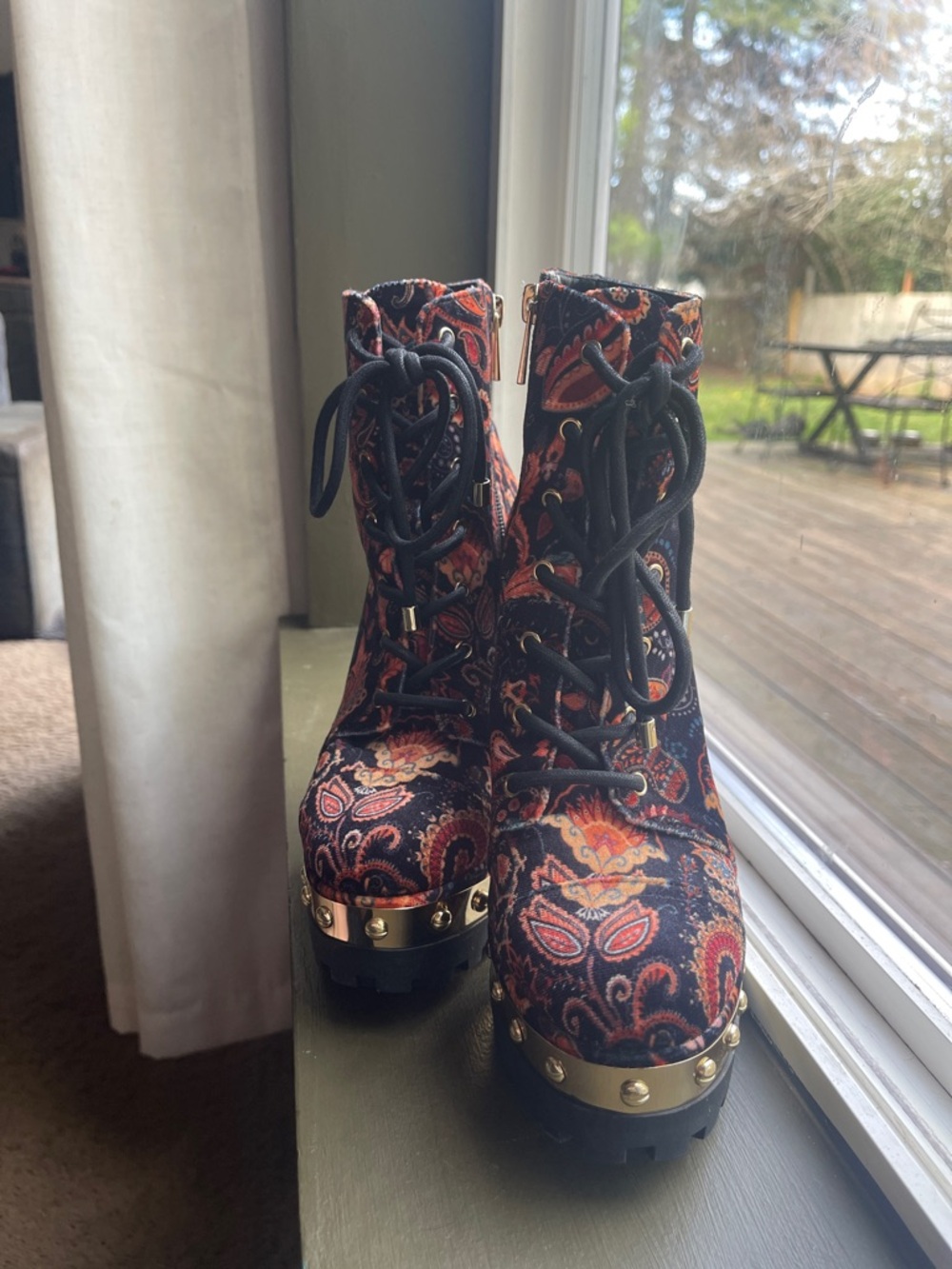 Jessica Simpson Black Paisley Lace-Up Platform Ankle Boots with Gold Stud Trim